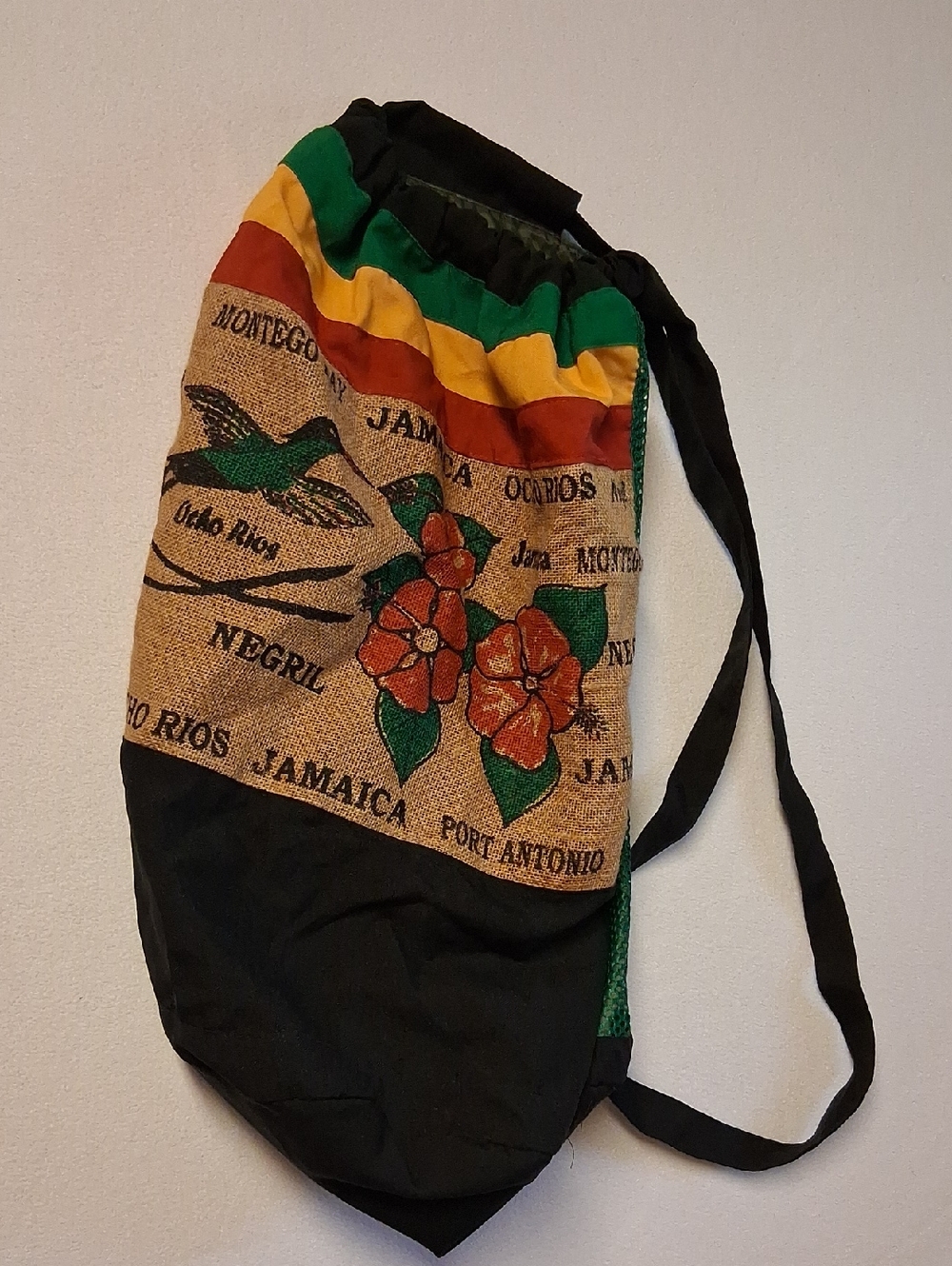 Unisex Jamician Rasta Stripe Floral Drawstring Backpack - Black/Green/Yellow/Red